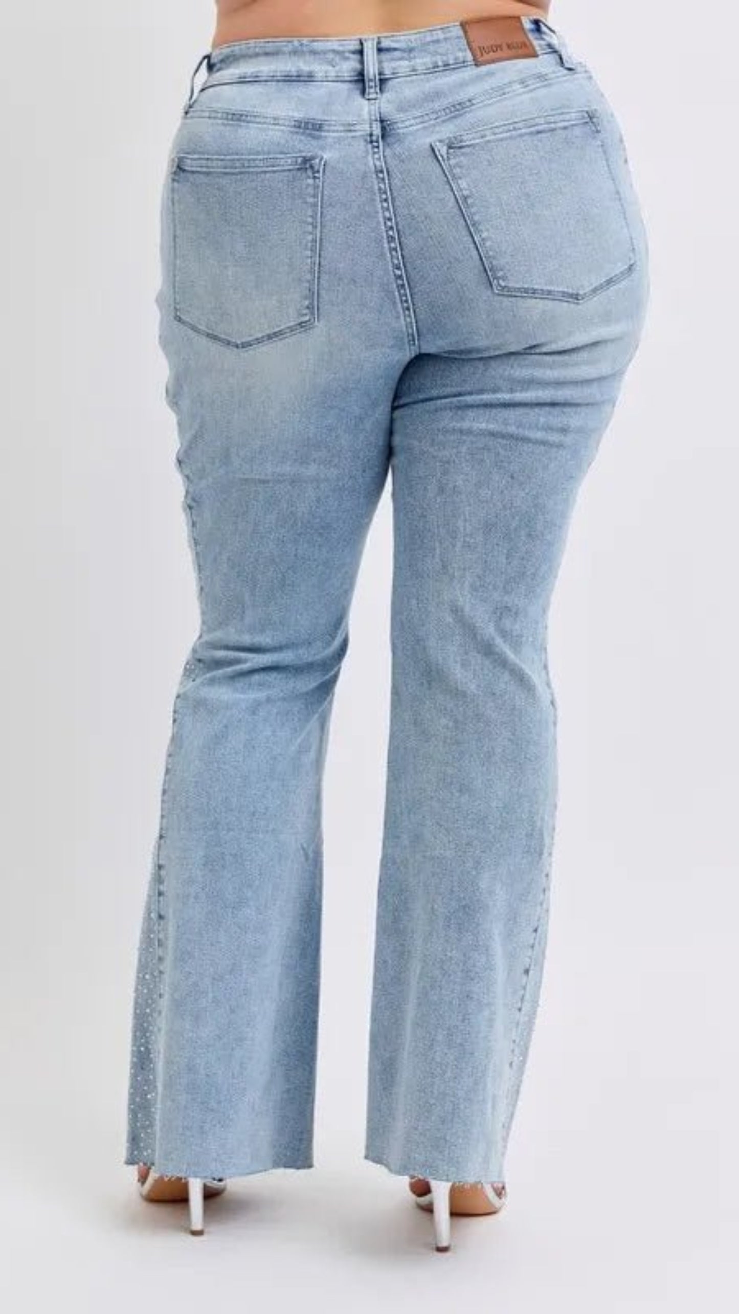 Full Size Mid Rise Rhinestone Side Panel Detail Flare Jeans Plus Size - Body Central