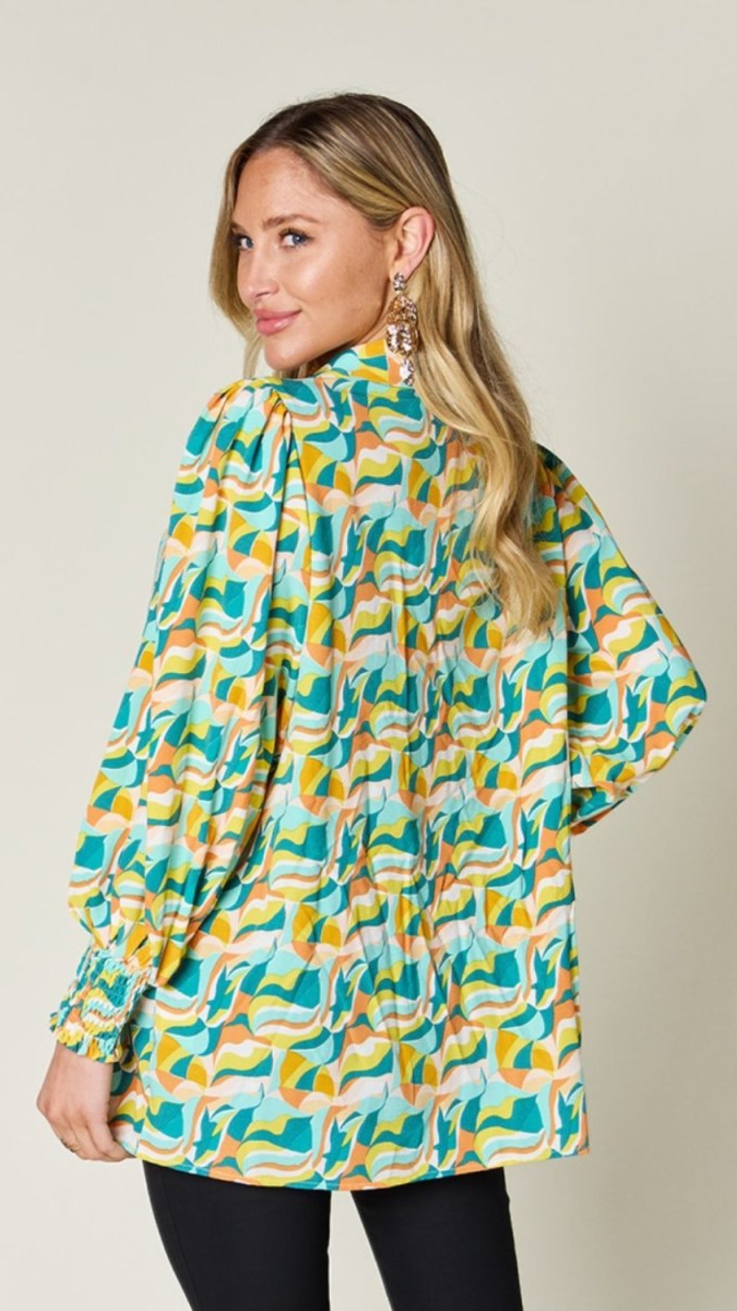 Full Size Printed Smocked Long Sleeve Blouse - Body Central