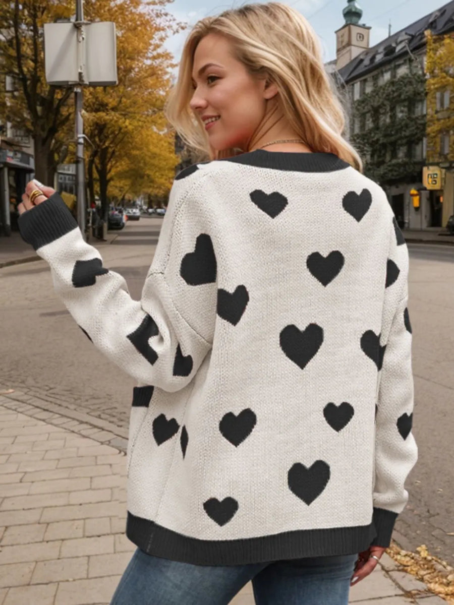 Heart Button Up Dropped Shoulder Long Sleeve Cardigan - Body Central