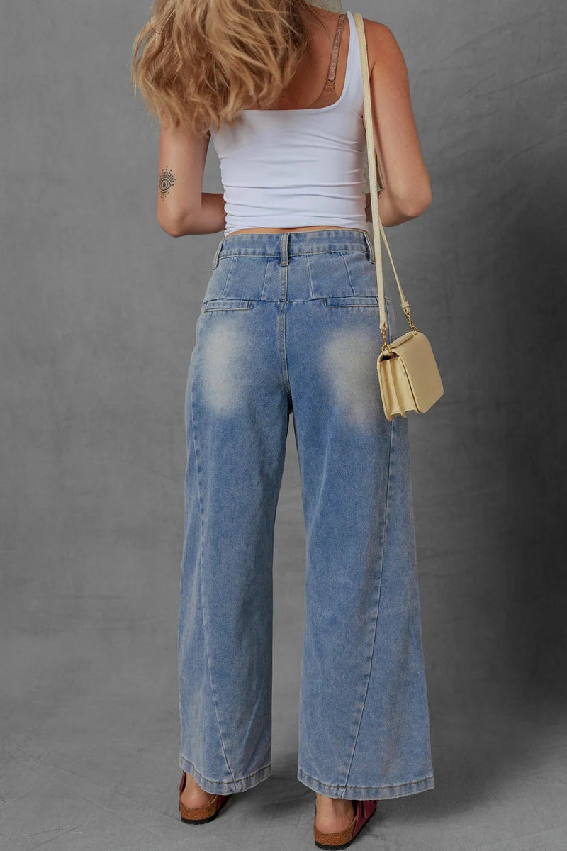 High - Waist Wide Leg Pleated Denim Jeans - Body Central