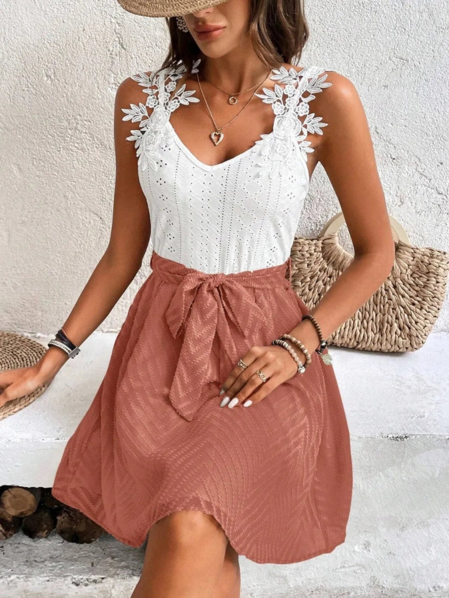 Lace Detail Tie Waist Mini Cami Dress - Body Central