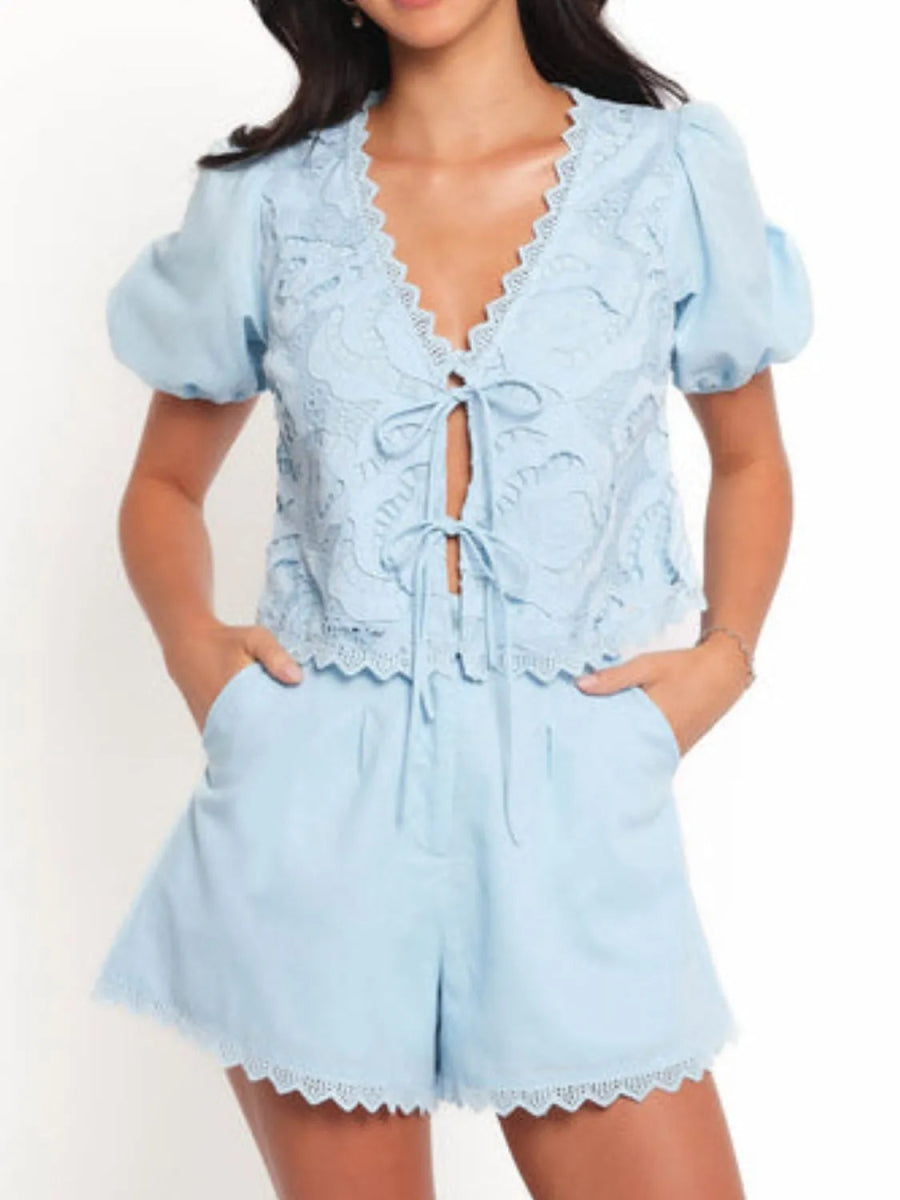 Lace Detail V - Neck Top and Shorts Set - Body Central