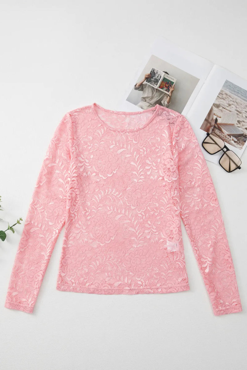 Lace Flower Round Neck Long Sleeve Top - Body Central