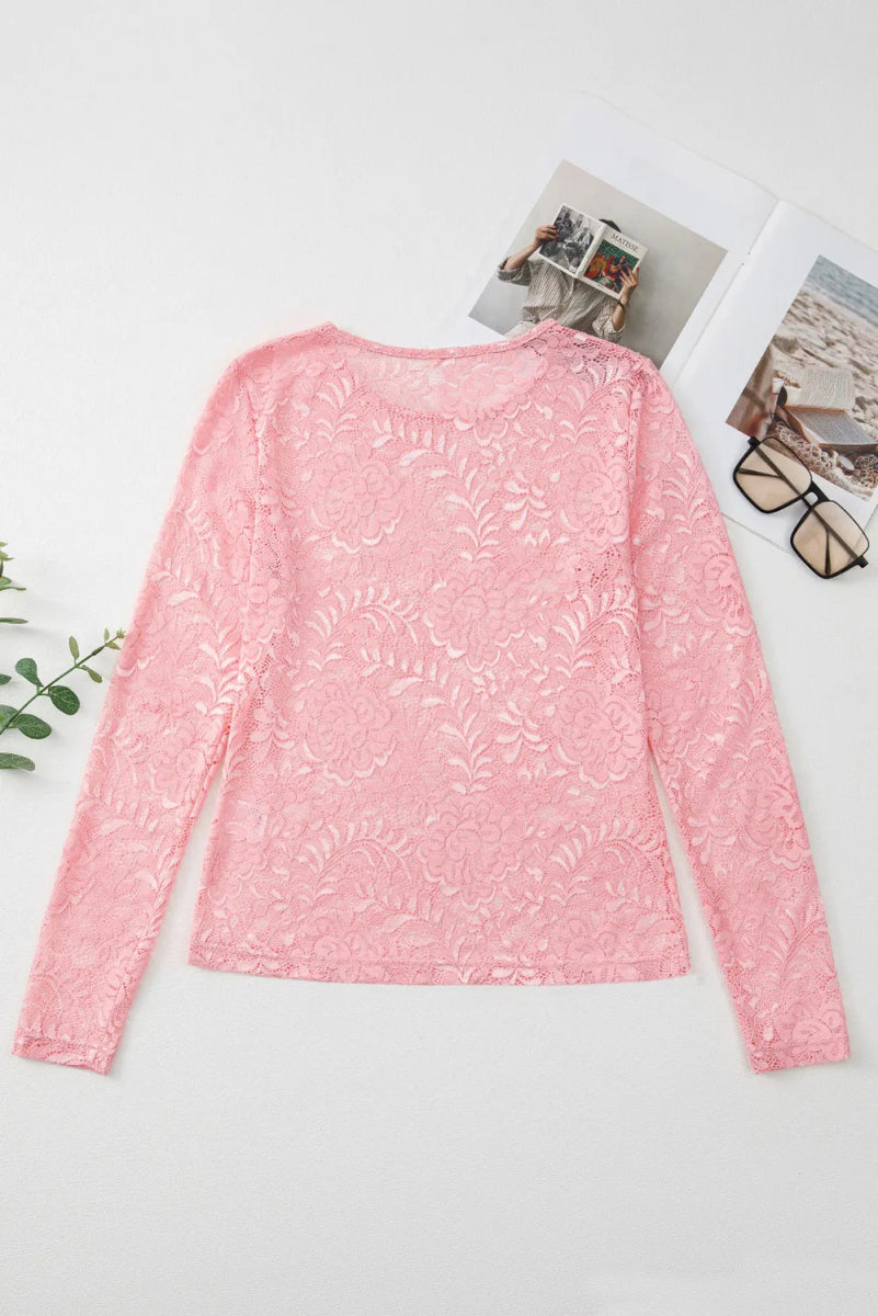 Lace Flower Round Neck Long Sleeve Top - Body Central