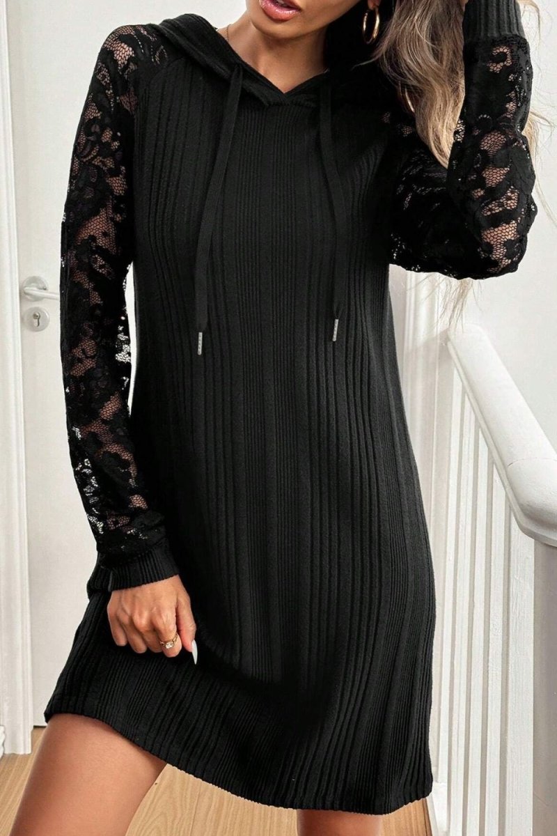 Lace Patchwork Long Sleeve Hooded Dress - Body Central