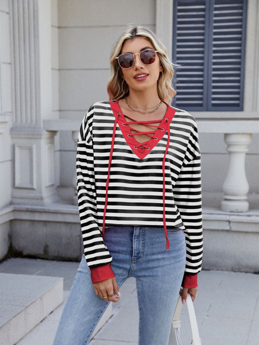 Lace - Up Striped Long Sleeve T-Shirt - Body Central