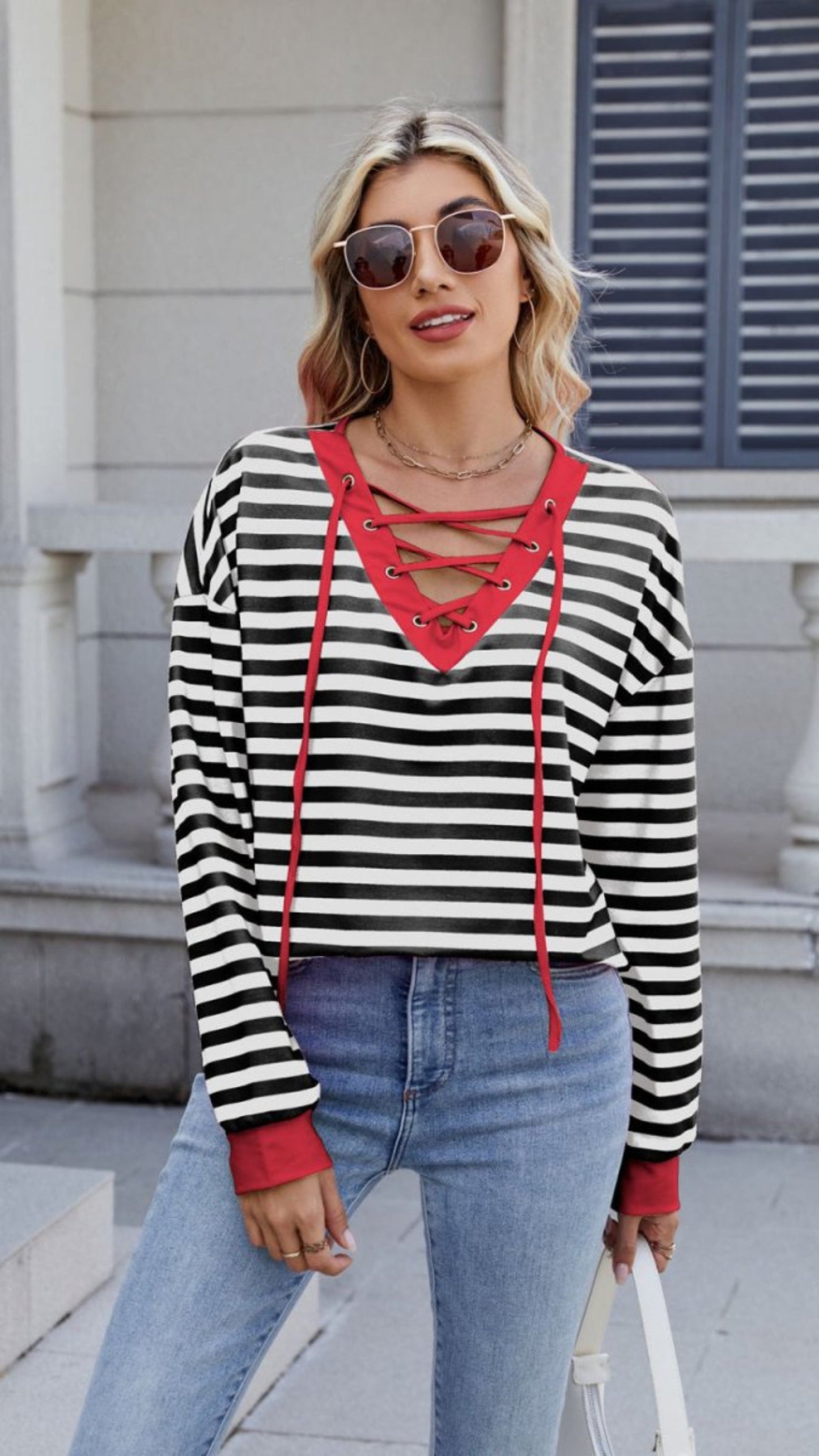 Lace - Up Striped Long Sleeve T-Shirt - Body Central