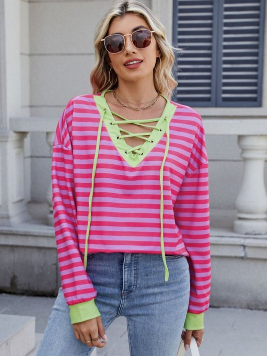 Lace - Up Striped Long Sleeve T-Shirt - Body Central