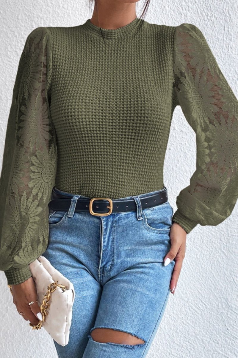 Mock Neck Lace Long Sleeve Top - Body Central