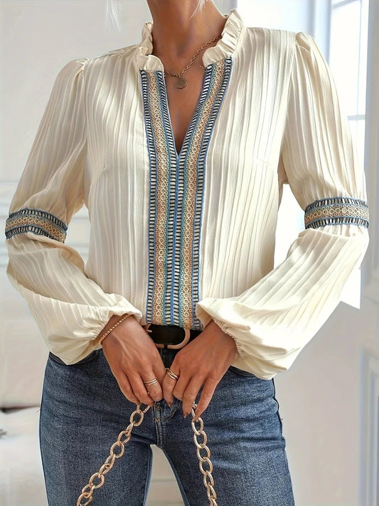 Notched Textured Balloon Sleeve Blouse - Body Central