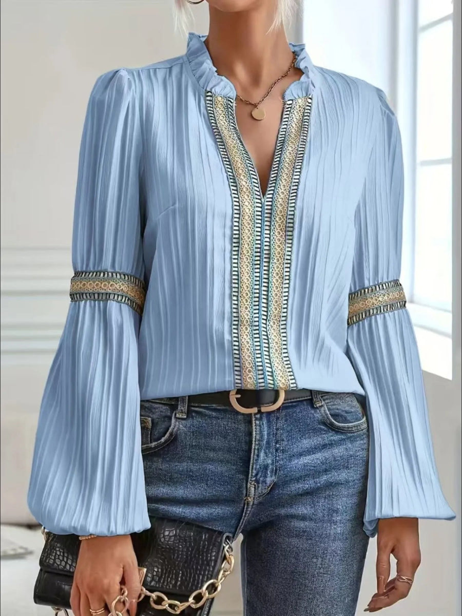Notched Textured Balloon Sleeve Blouse - Body Central