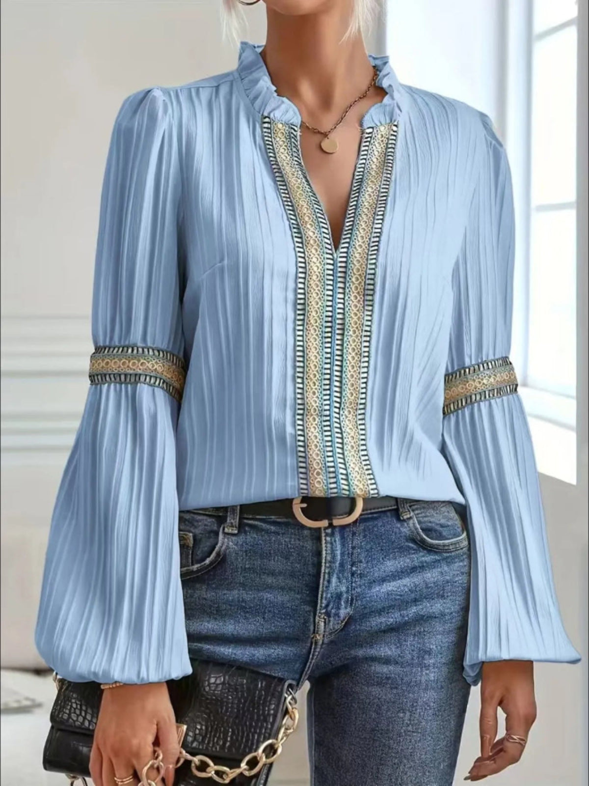 Notched Textured Balloon Sleeve Blouse - Body Central