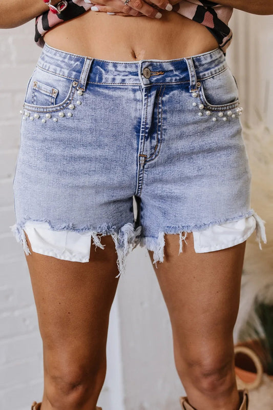 Pearl Studded Pockets Raw Hem Denim Shorts - Body Central