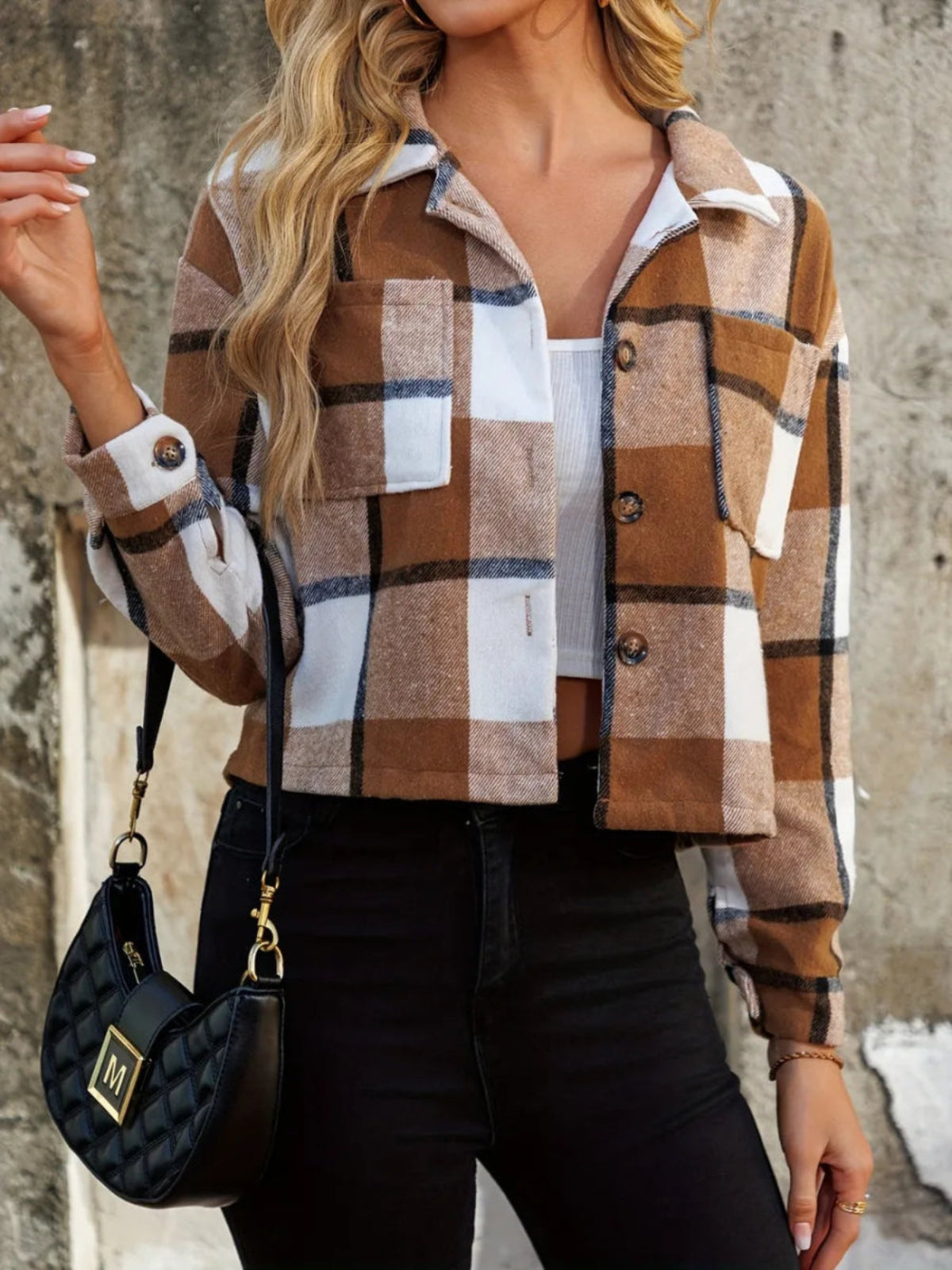 Plaid Collared Neck Cropped Jacket - Body Central