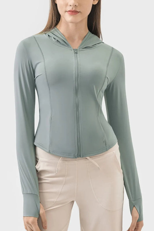 Pocketed Zip Up Hooded Long Sleeve Active Outerwear - Body Central