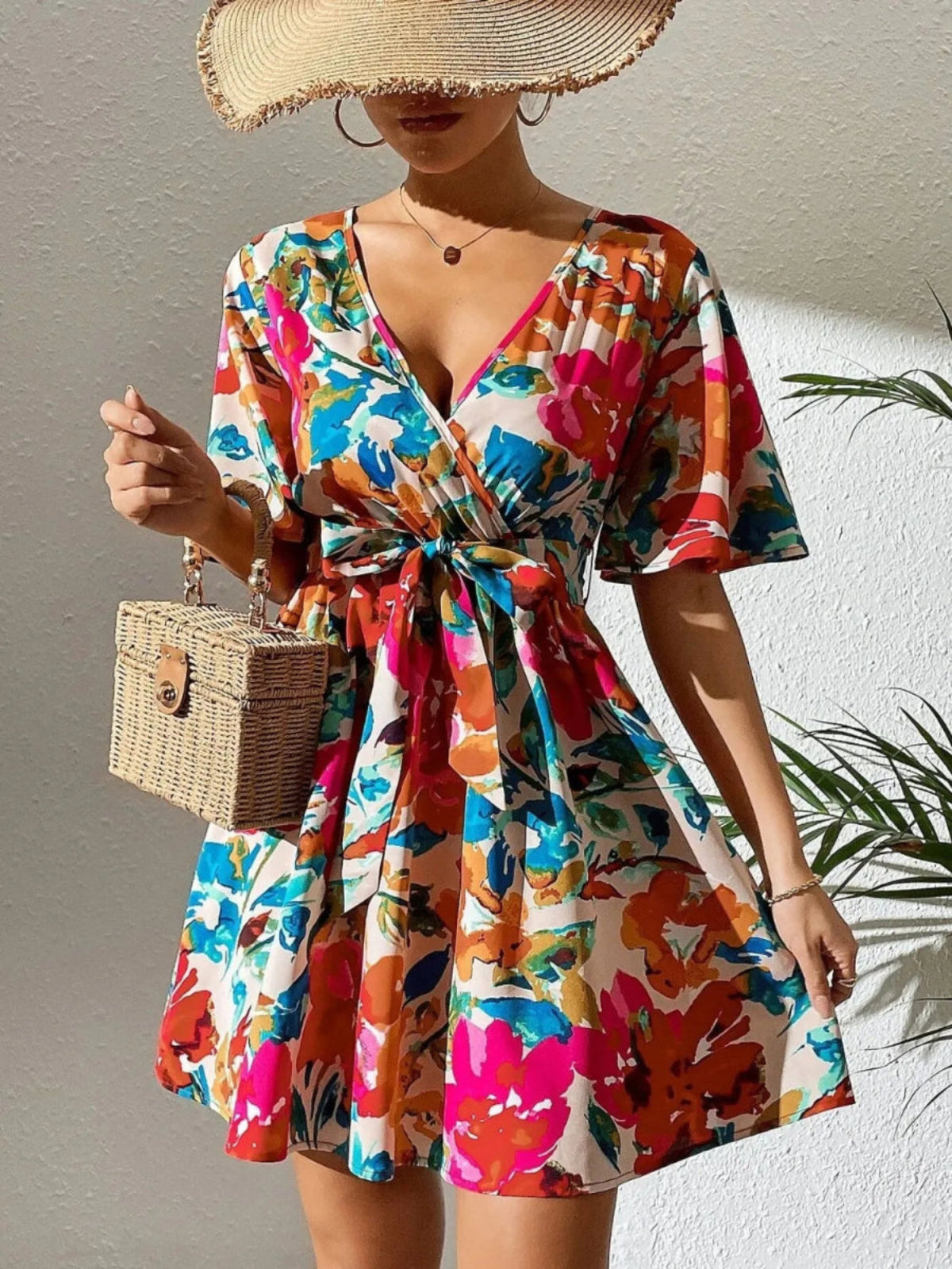 Printed Surplice Short Sleeve Mini Dress - Body Central
