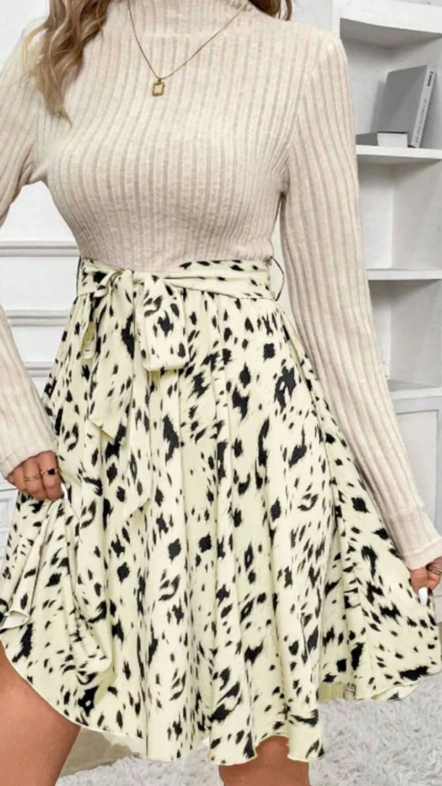 Printed Tie Waist Mock Neck Long Sleeve Dress - Body Central