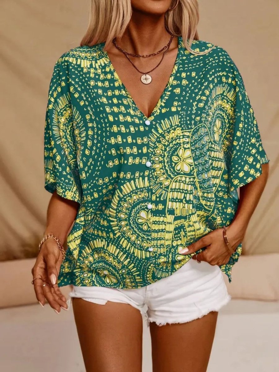 Printed V - Neck Half Sleeve Top - Body Central