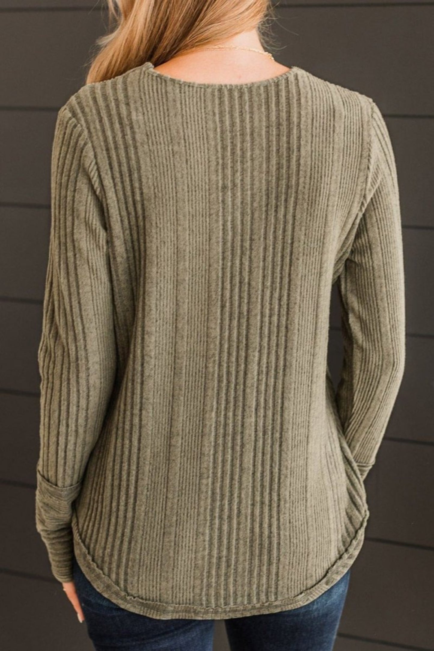 Ribbed Buttoned Long Sleeve Blouse - Body Central