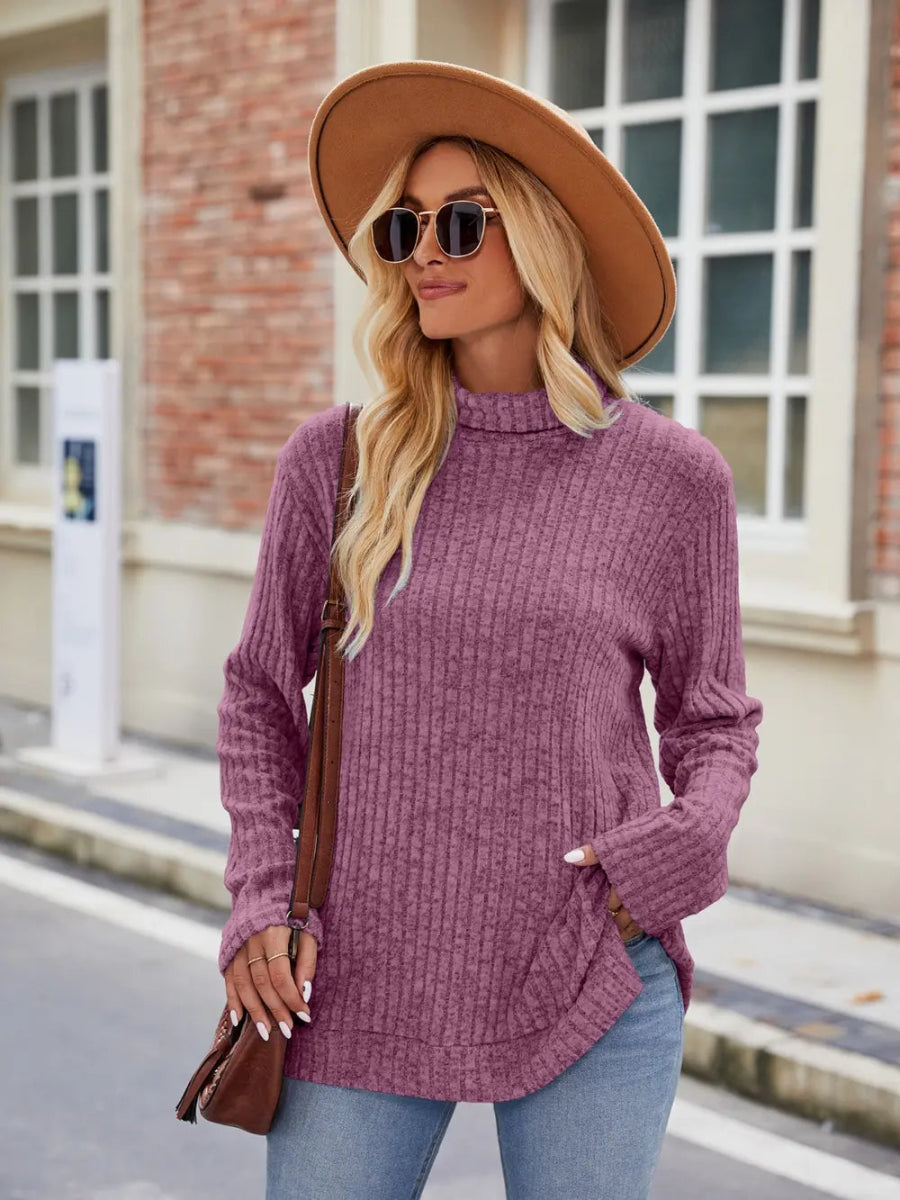 Ribbed Turtleneck Long Sleeve Slit Knit Top - Body Central