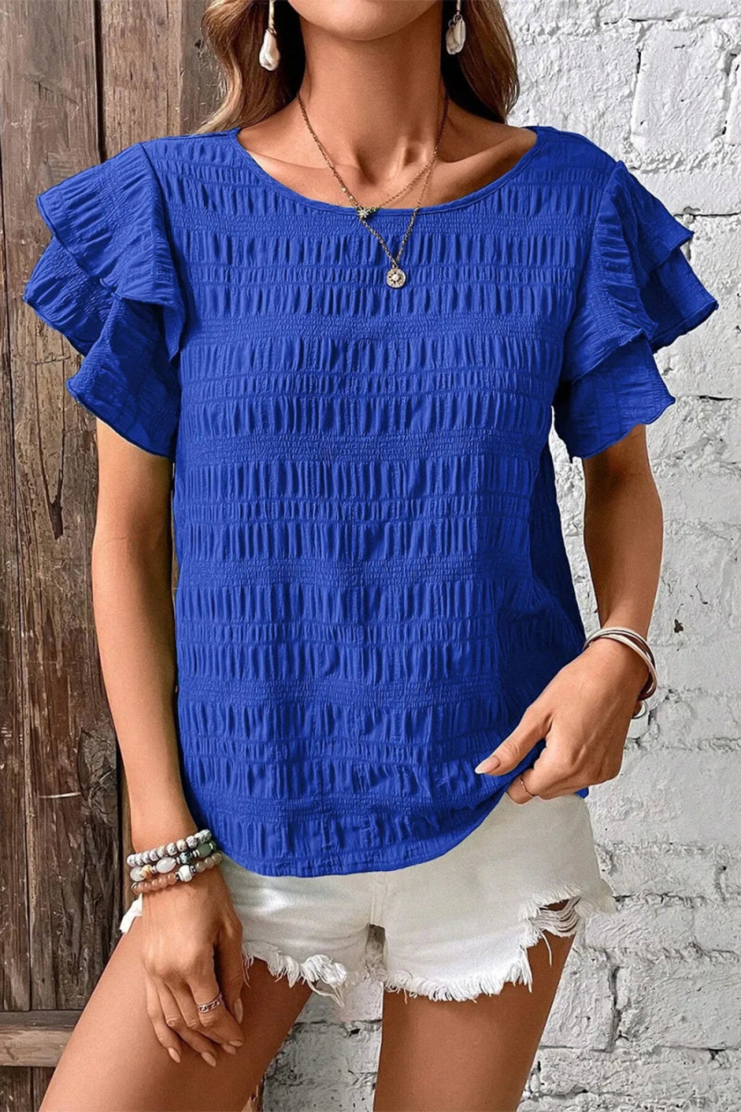Round Neck Ruffle Sleeve Blouse - Body Central