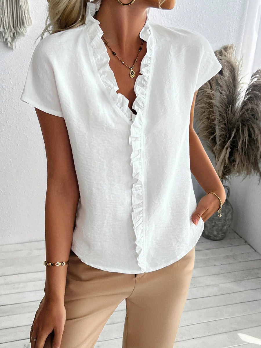 Ruffled V - Neck Short Sleeve Blouse - Body Central