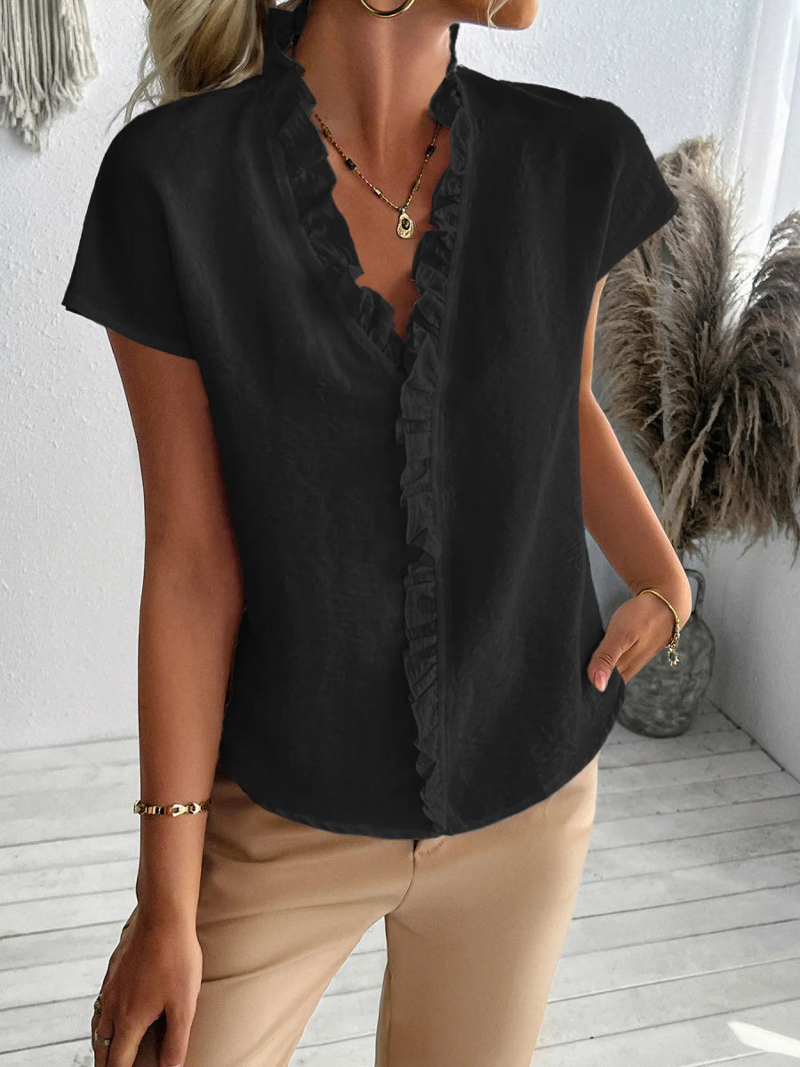 Ruffled V - Neck Short Sleeve Blouse - Body Central