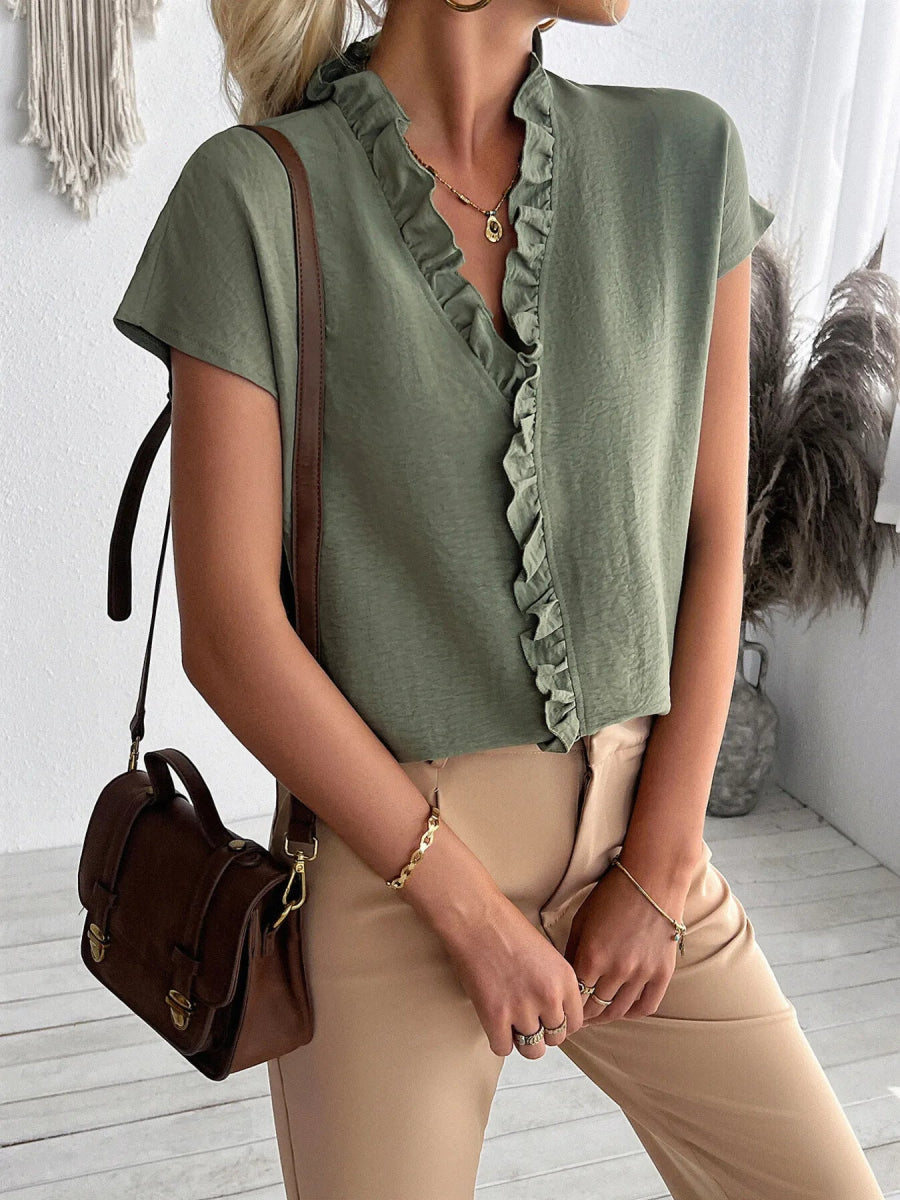 Ruffled V - Neck Short Sleeve Blouse - Body Central