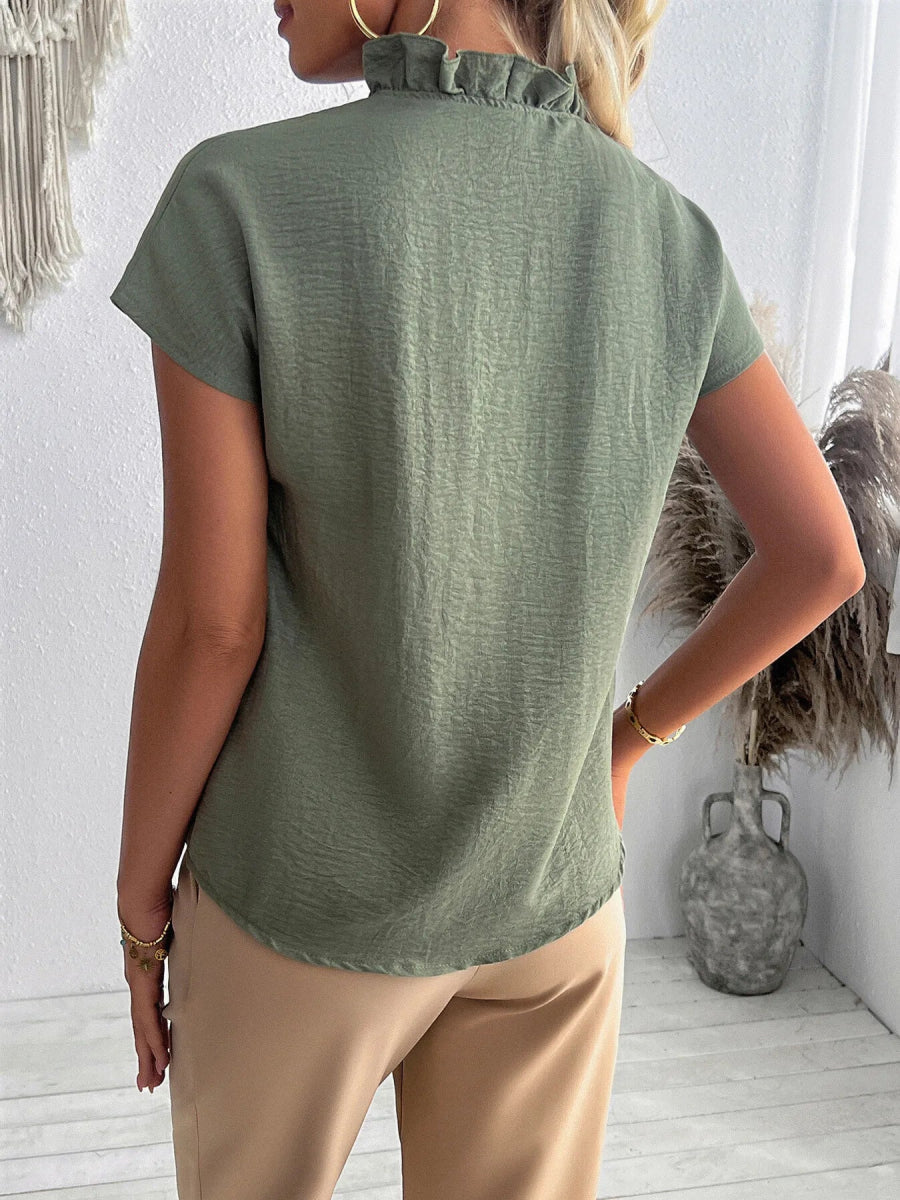 Ruffled V - Neck Short Sleeve Blouse - Body Central