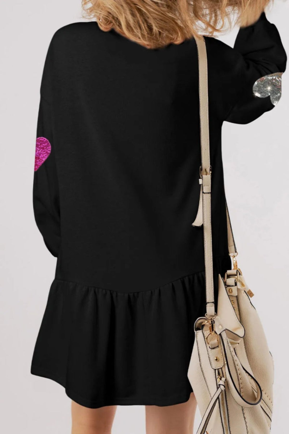 Sequin Heart Round Neck Long Sleeve Mini Dress - Body Central
