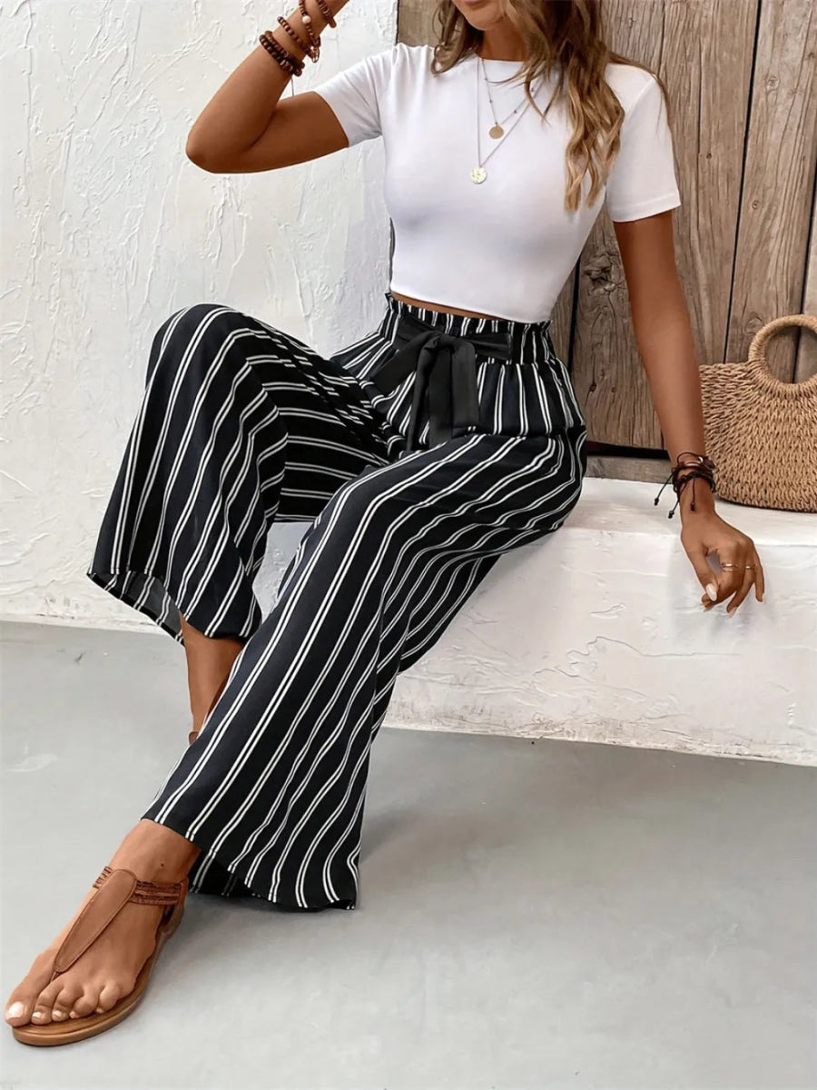 Striped High Waist Wide Leg Pants - Body Central