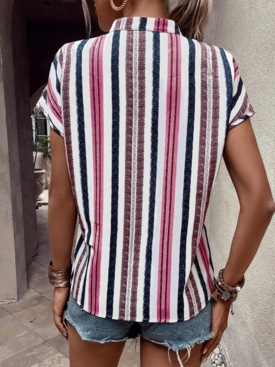 Striped Notched Short Sleeve Shirt - Body Central