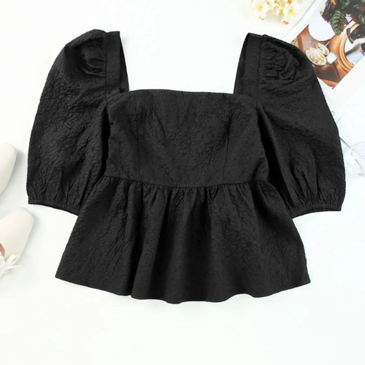 Textured Square Neck Puff Sleeve Peplum Blouse - Body Central