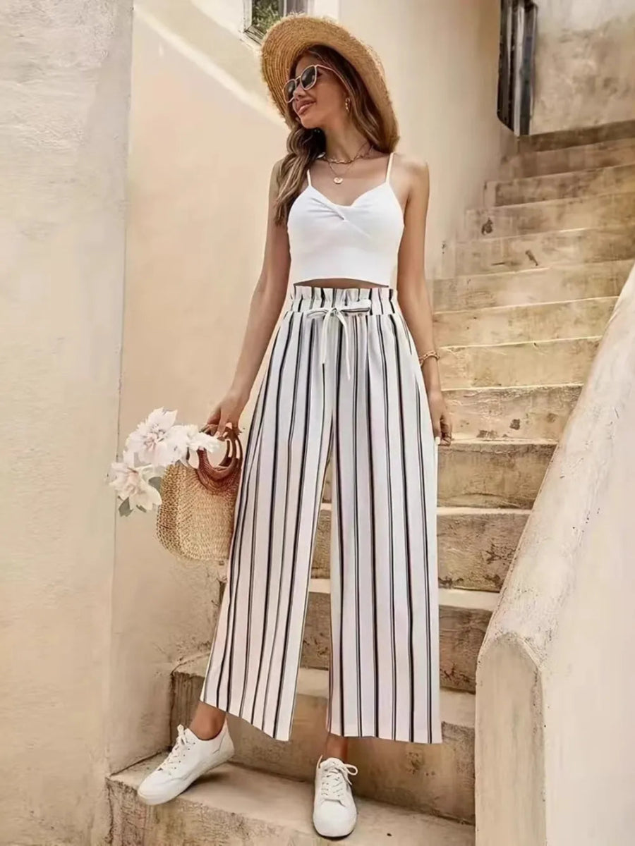 Tied Striped Wide Leg Pants - Body Central