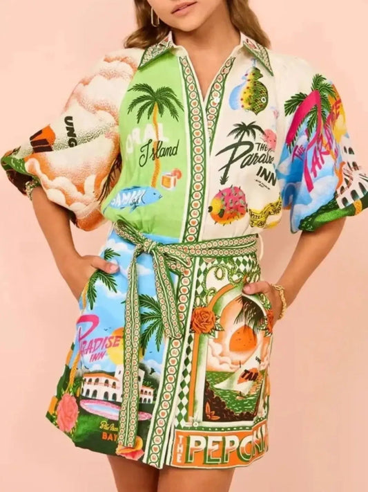 Tropical Print Button Up Shirt Dress - Body Central