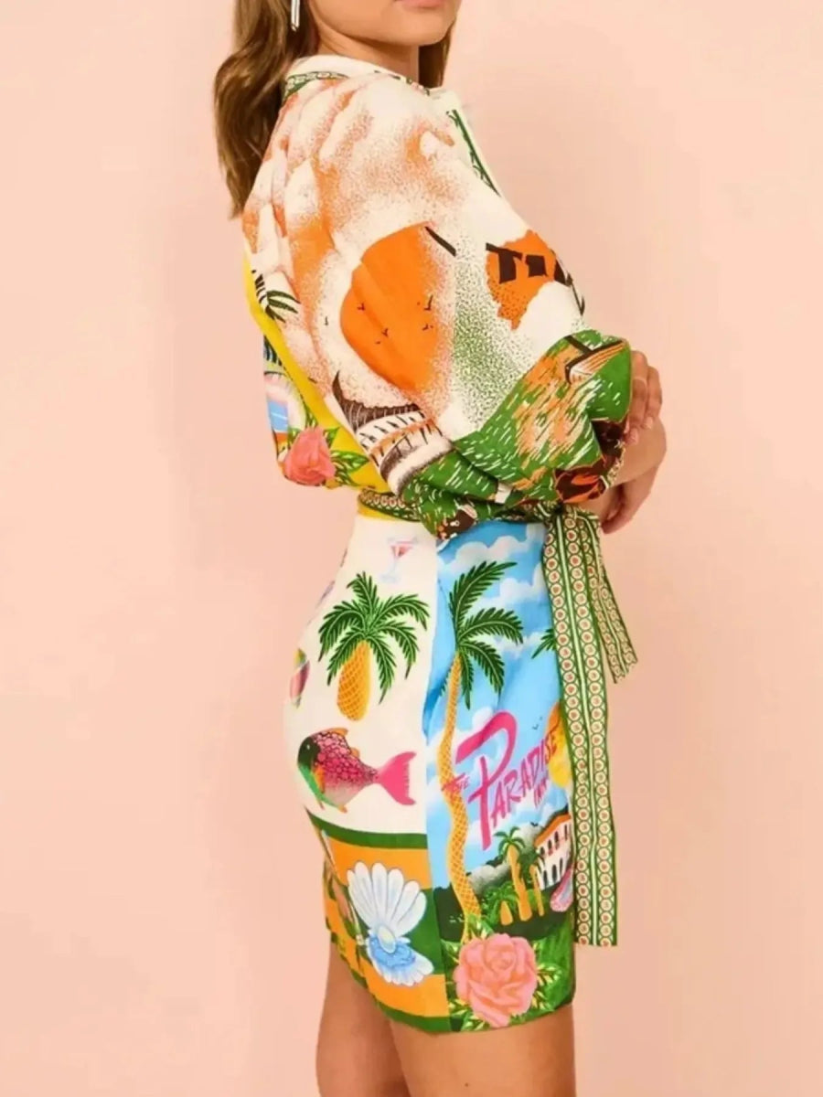 Tropical Print Button Up Shirt Dress - Body Central