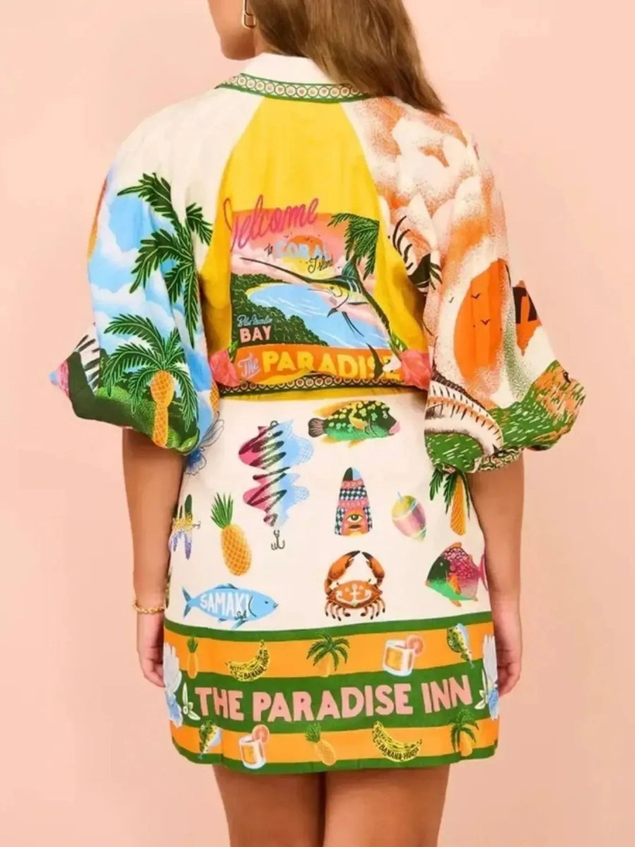 Tropical Print Button Up Shirt Dress - Body Central