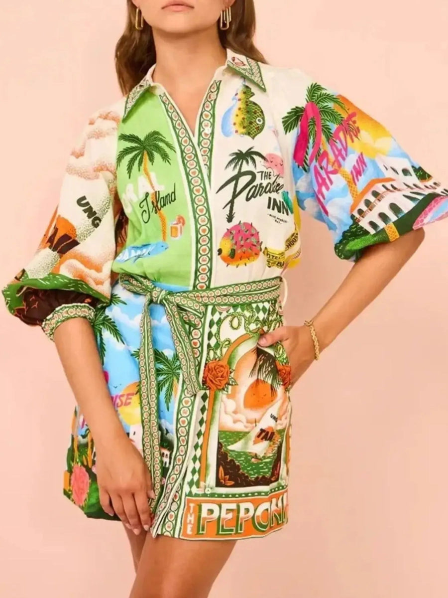 Tropical Print Button Up Shirt Dress - Body Central