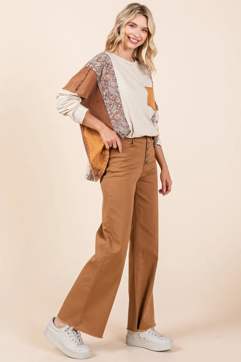 Twill High Waisted Button Fly Wide Leg Pants - Body Central