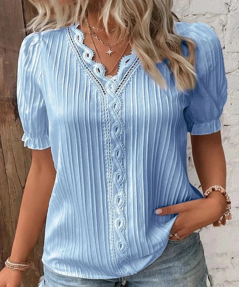 V - Neck Hollow Short Sleeve Splice Loose Street Blouse - Body Central