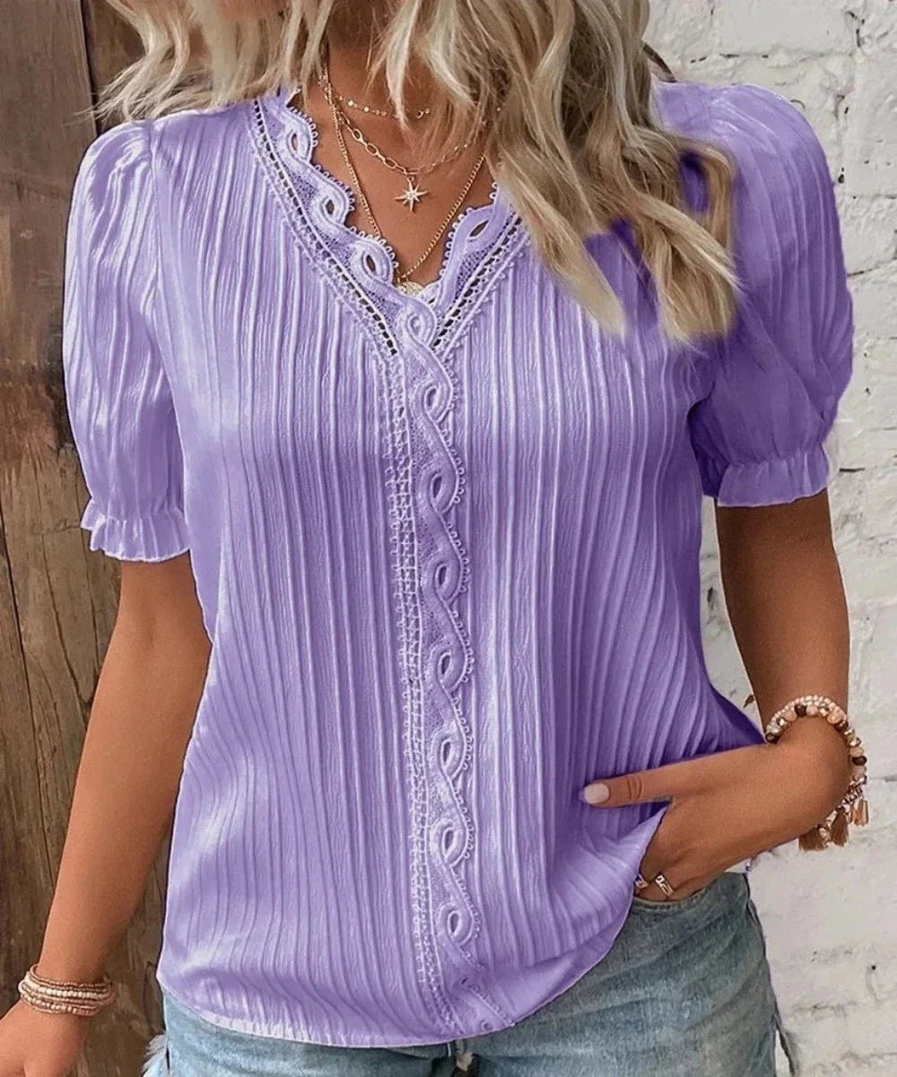 V - Neck Hollow Short Sleeve Splice Loose Street Blouse - Body Central