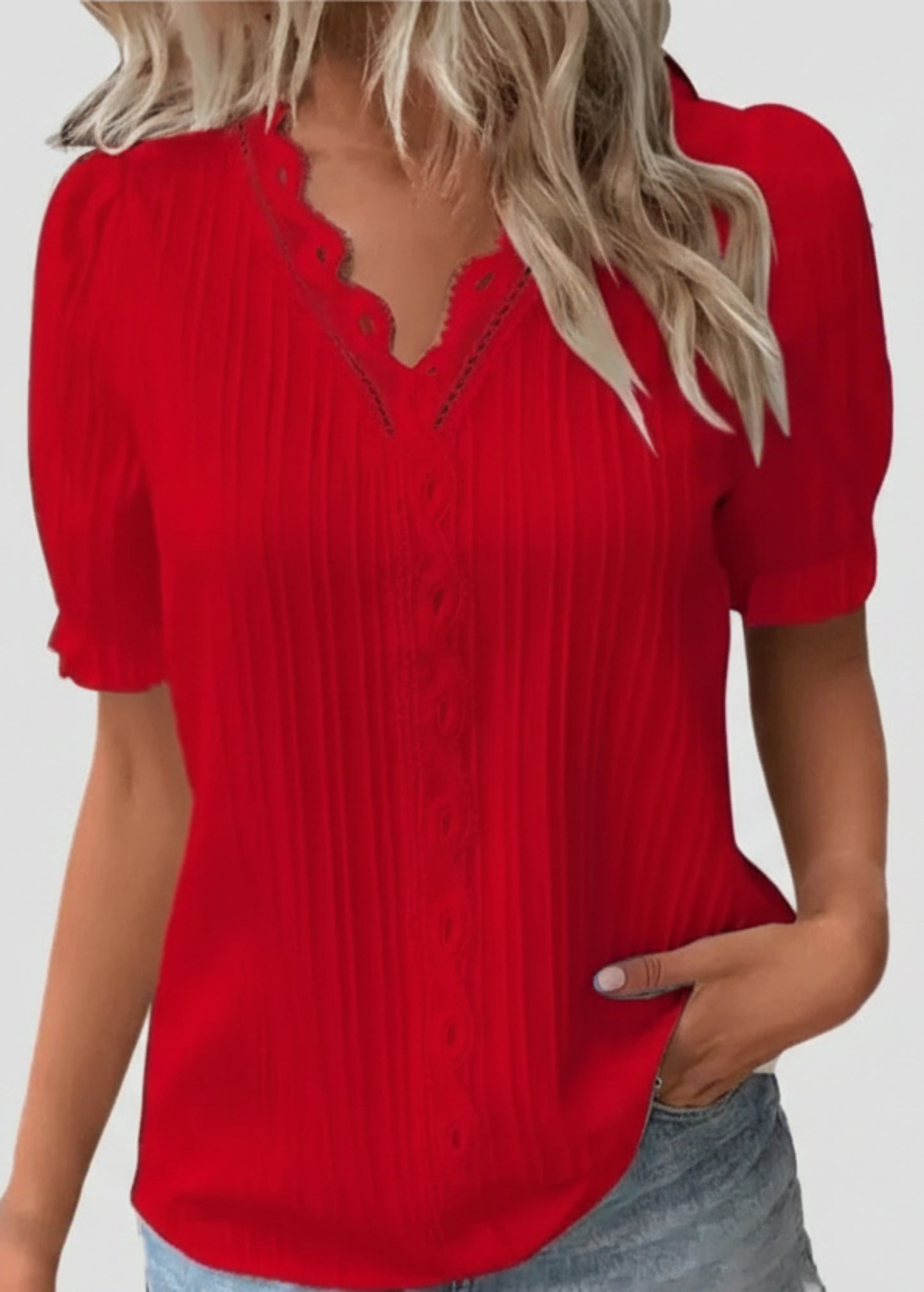 V - Neck Hollow Short Sleeve Splice Loose Street Blouse - Body Central