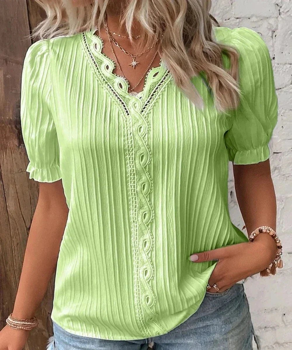 V - Neck Hollow Short Sleeve Splice Loose Street Blouse - Body Central
