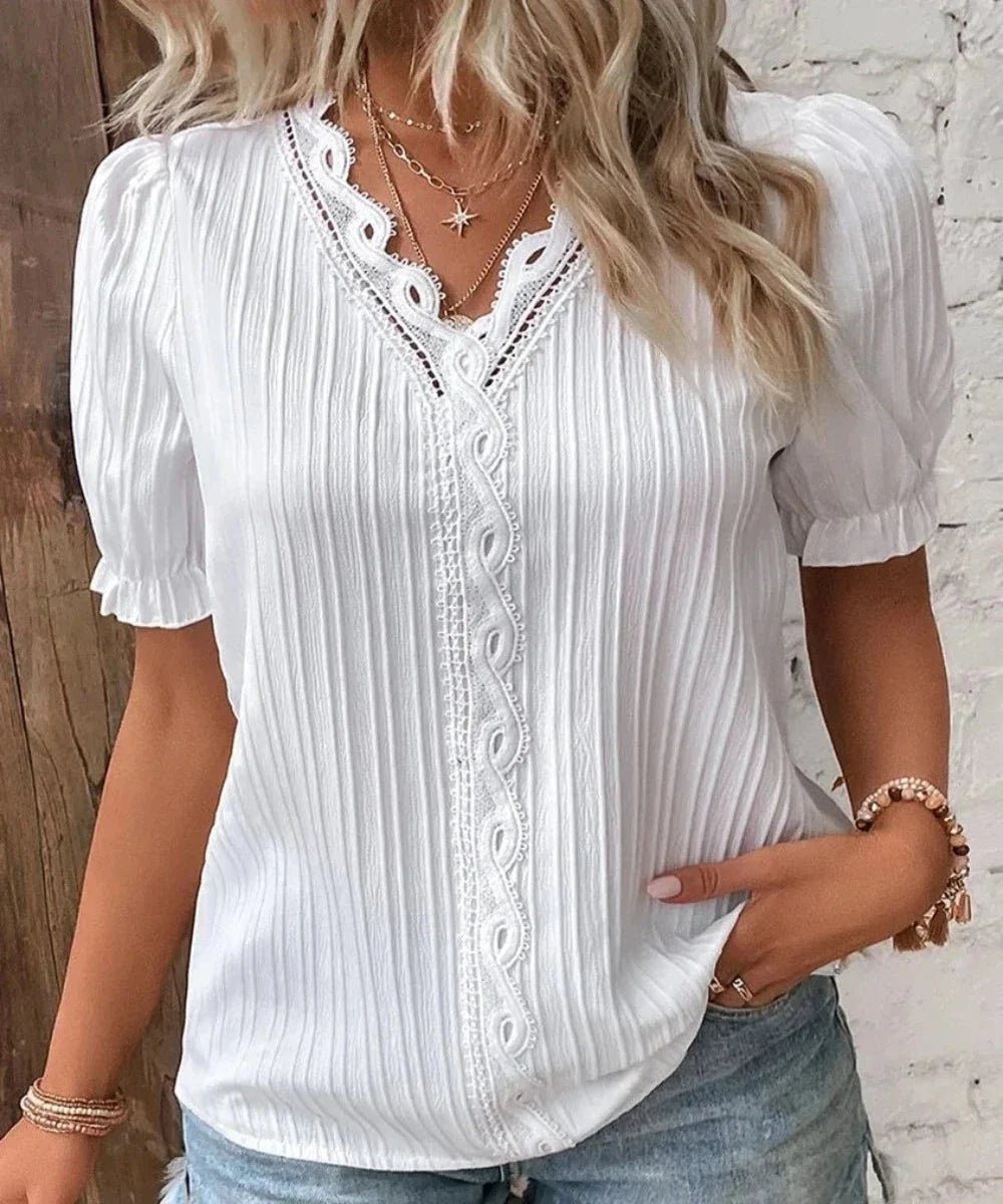 V - Neck Hollow Short Sleeve Splice Loose Street Blouse - Body Central