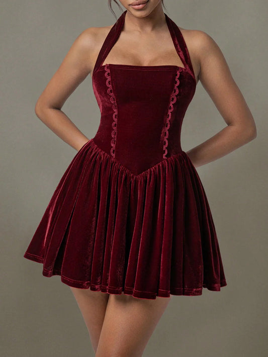 Velvet Halter Skater Dress - Body Central