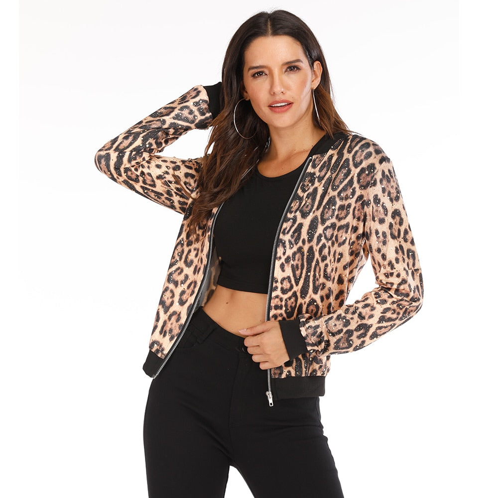 Leopard Women's Short Coat Zipper Long Sleeve Polka Bomber Jacket - Body Central Store