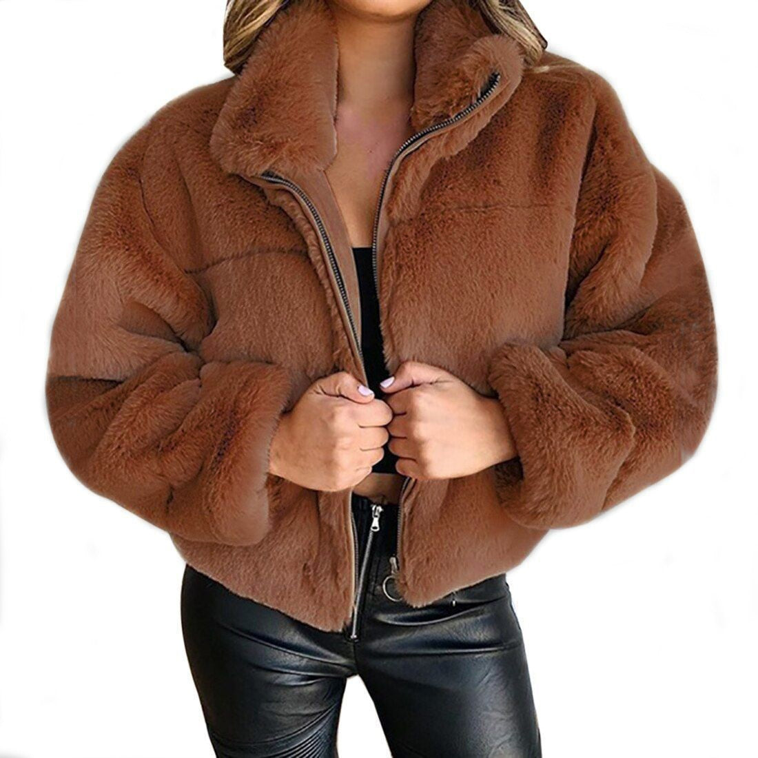 Cropped Fluffy Faux Fur Overcoat - Body Central Store