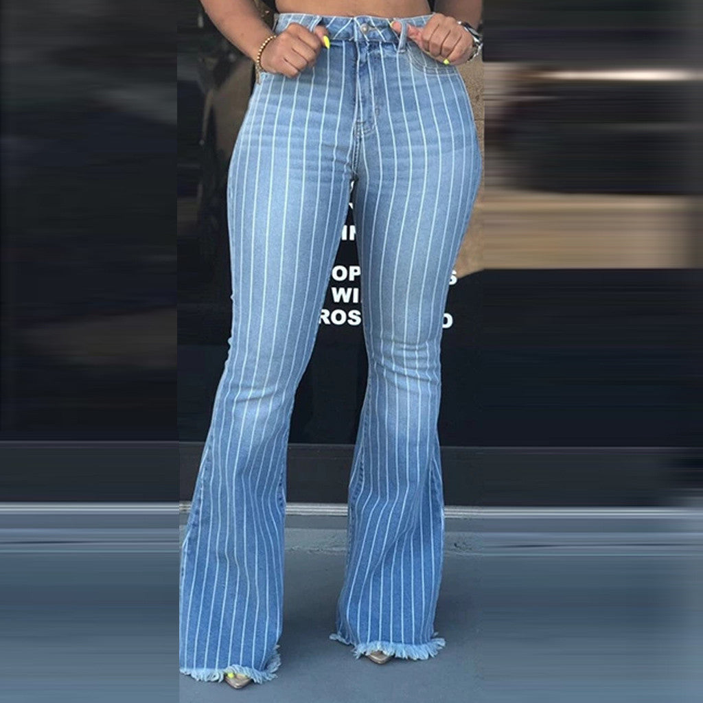 Flare Slim Stretchy Striped Denim Ruffles Tassel Jeans | Body Central