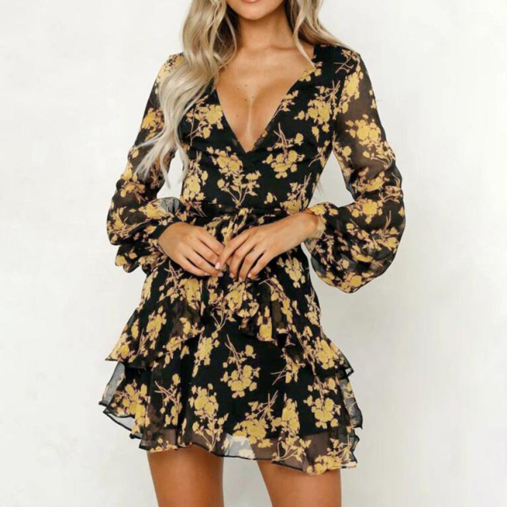 Floral Leaf Lantern Sleeve Empire Mini Dress | Body Central