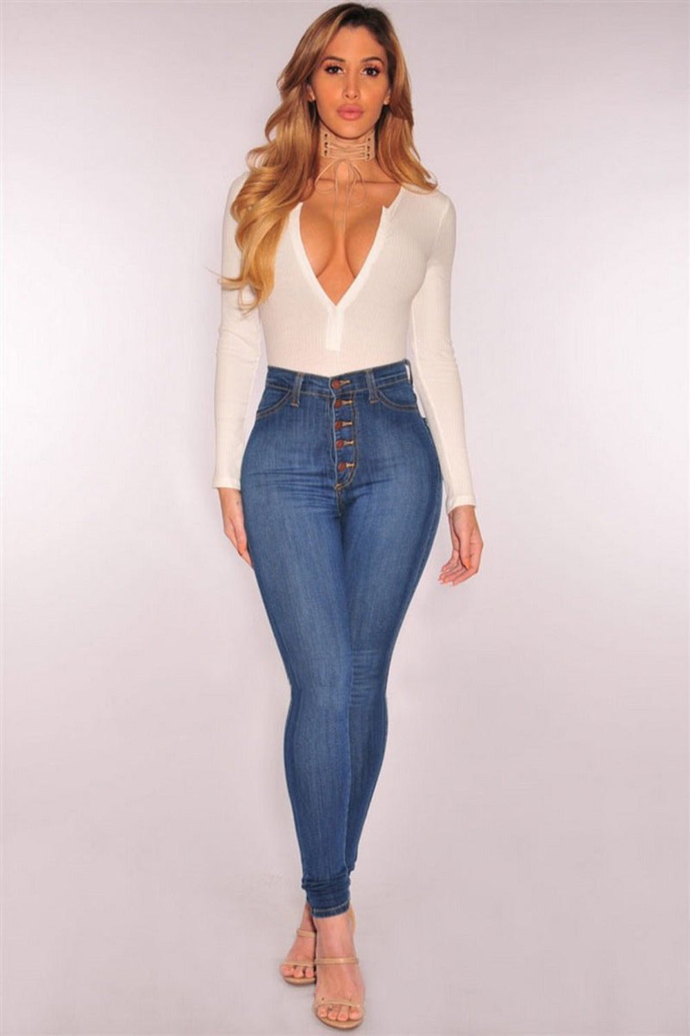 High Waisted Skinny Denim Stretch Slim Calf Length Jeans Body Central